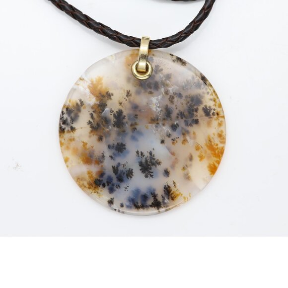 Dendritic Moss Agate stone Necklace Natural Stone Pendant 14K Yellow Gold & Leat